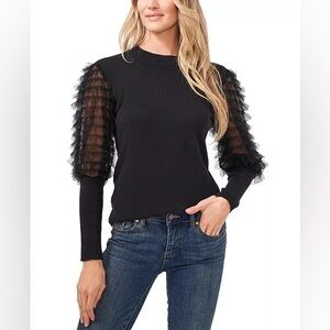 Cece Black Sweater With Sheer Ruffled Sleeves Size Small